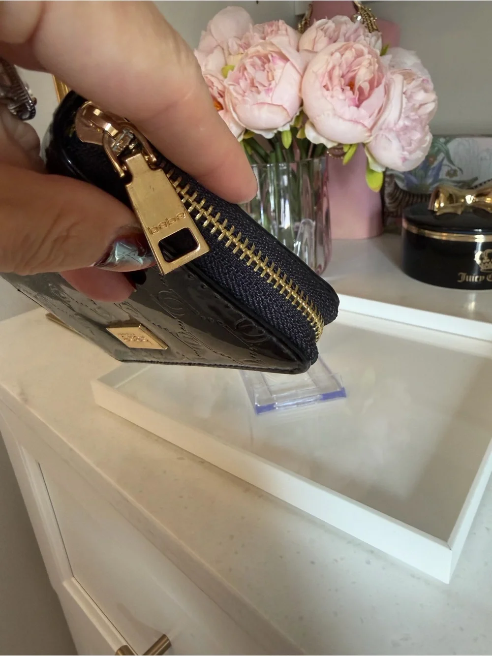 Bebe Black Patent Zip-Around Wallet with Gold Logo Plate NEW Gorgeous